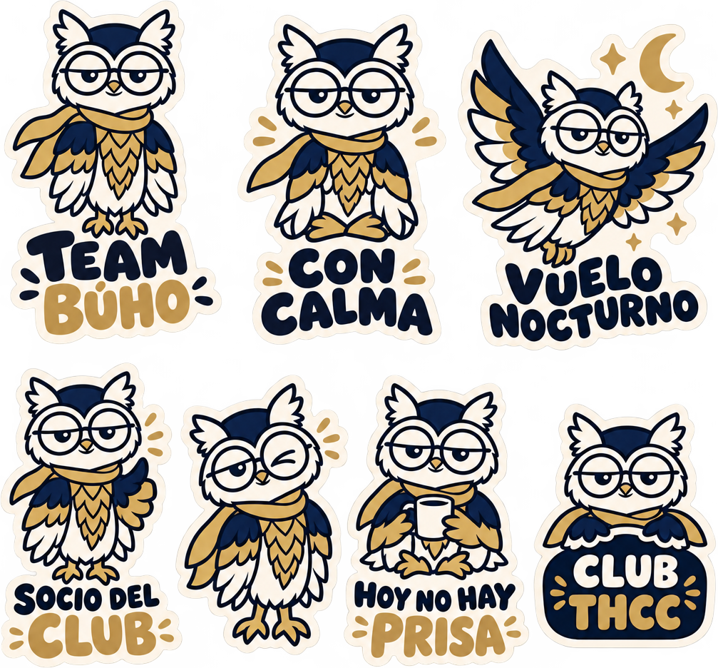 Stickers del club: Team Búho, Con calma, Vuelo nocturno, Socio del club, Hoy no hay prisa, Club THCC