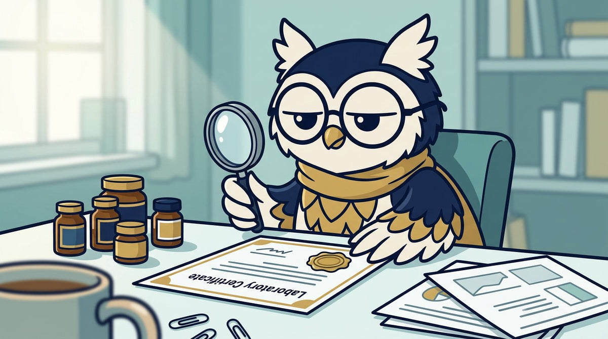Fily el búho revisando un certificado de laboratorio con sello para saber si un producto de CBD es confiable