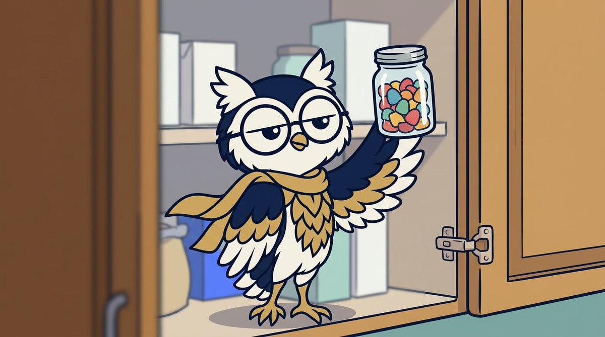 Fily el búho guardando un frasco en una alacena alta con candado, para ilustrar cómo guardar gomitas de cannabis
