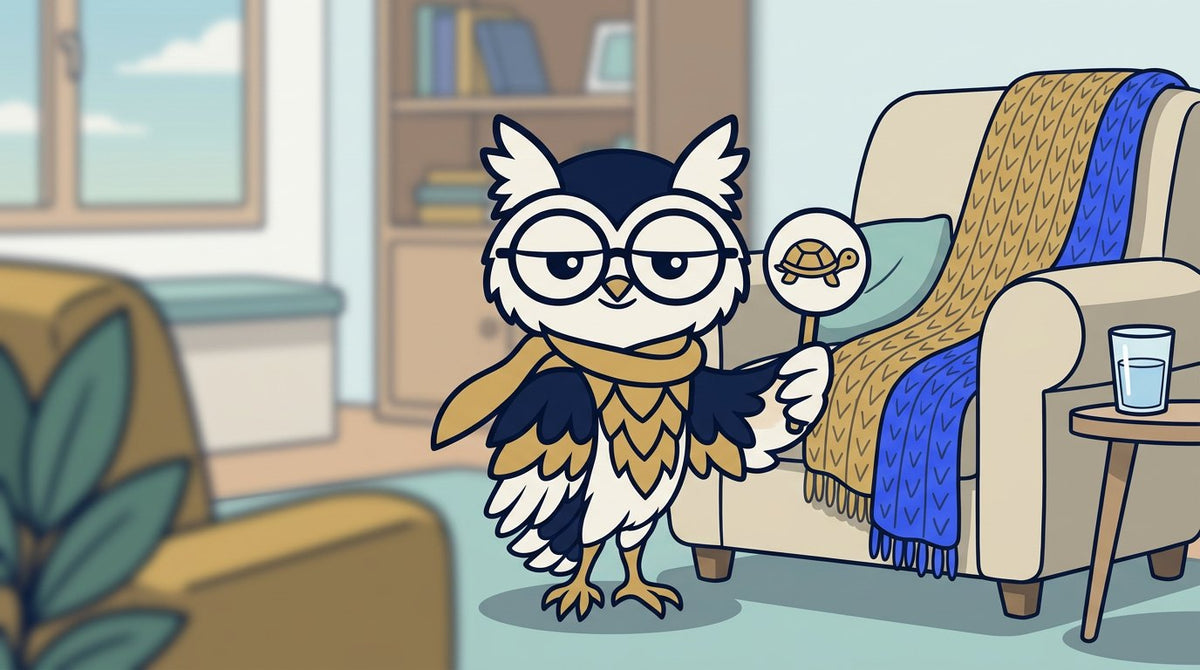 Fily el búho con bufanda sosteniendo un letrero de despacio junto a un sillón, para ilustrar el consumo responsable de cannabis