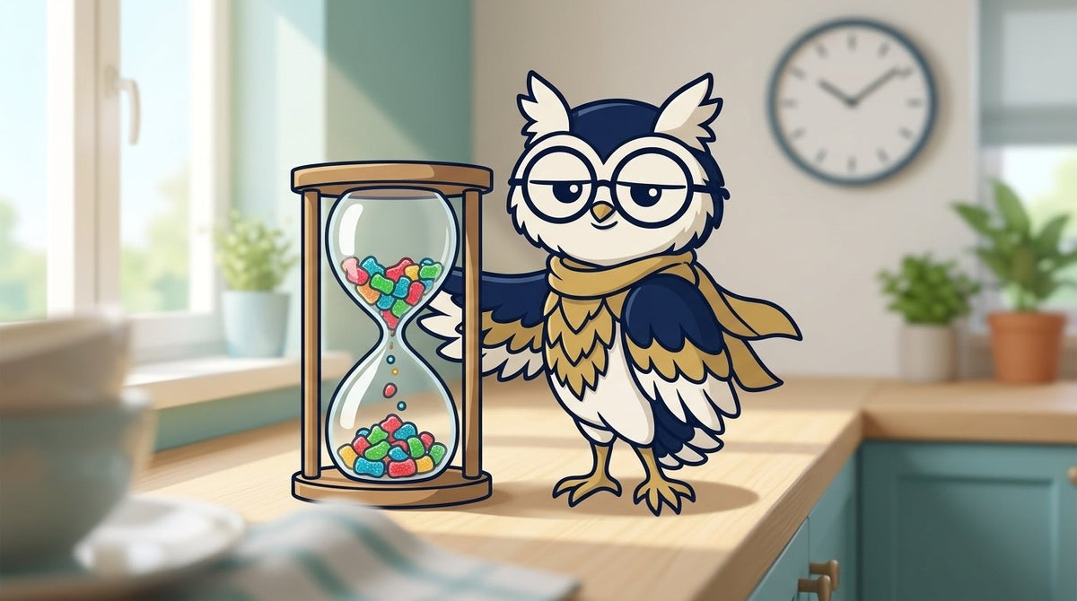 Fily, el búho de THCC, junto a un gran reloj de arena con gomitas cayendo, para explicar cuánto tarda en hacer efecto una gomita