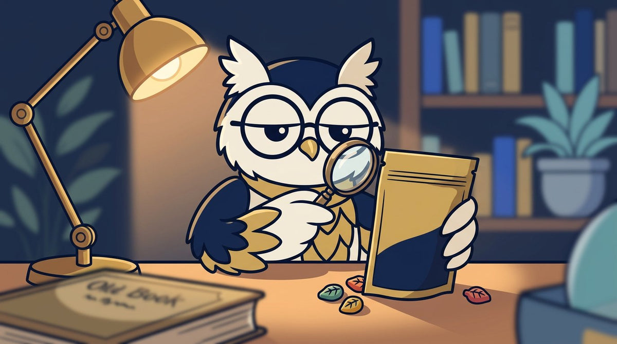 Fily el búho con lupa leyendo la etiqueta de una bolsita de gomitas, para aprender cómo leer la etiqueta de gomitas de THC
