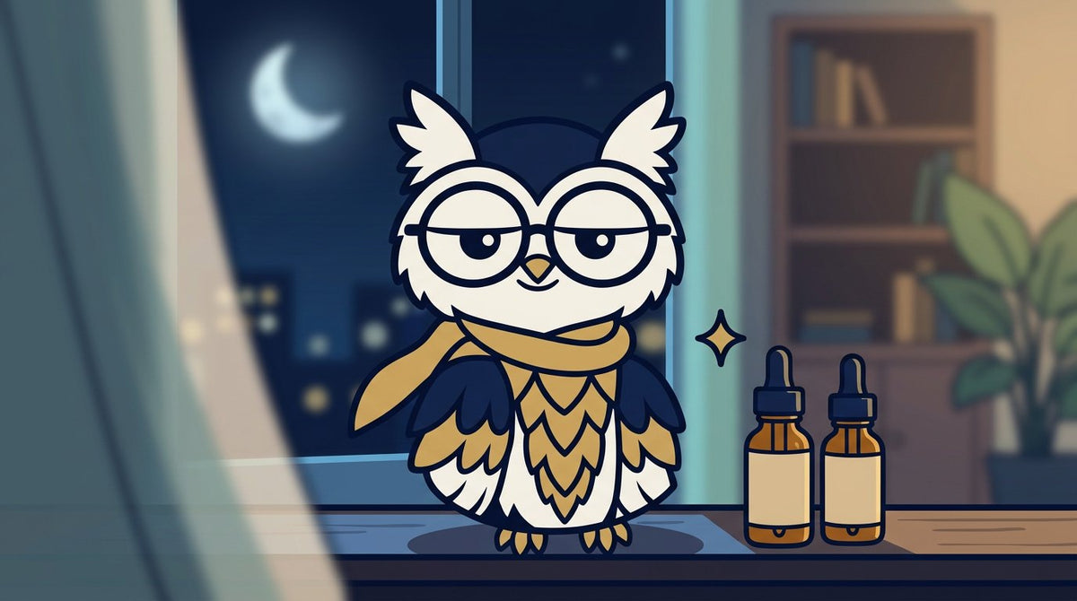 Fily, el búho de THCC, junto a una ventana de noche con luna, con dos frascos que ilustran la diferencia entre CBD y CBN