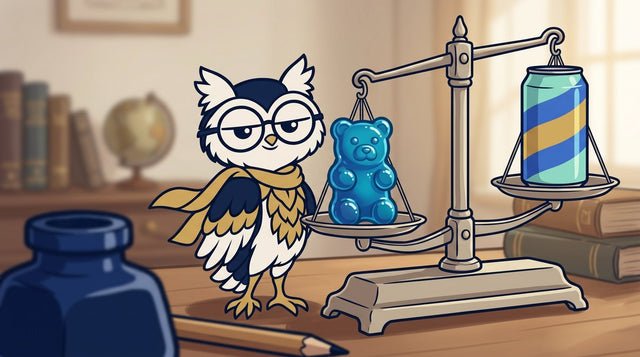 Fily el búho entre una gomita gigante y una lata, como una balanza, para comparar gomitas o bebidas de THC