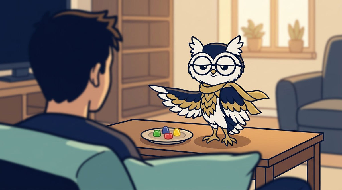 Fily, el búho de THCC, guiando con un ala a una persona primeriza frente a un plato de gomitas de THC para principiantes