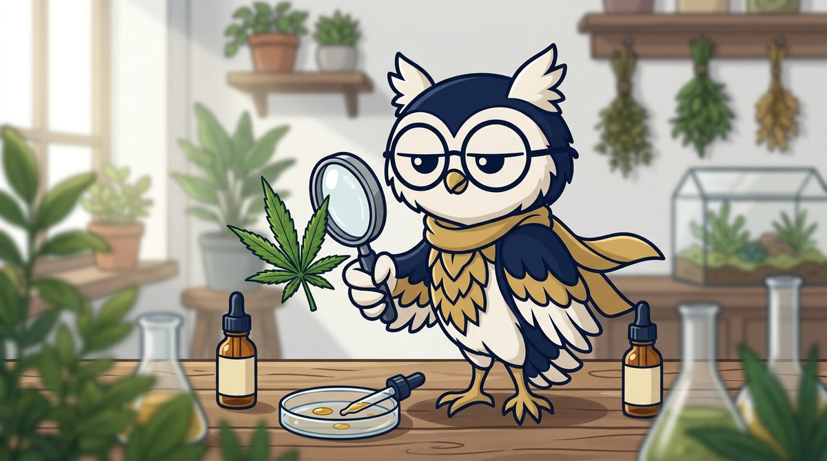 Fily, el búho de THCC, con una lupa examinando una hoja de cannabis y gotas de aceite para explicar qué es full spectrum