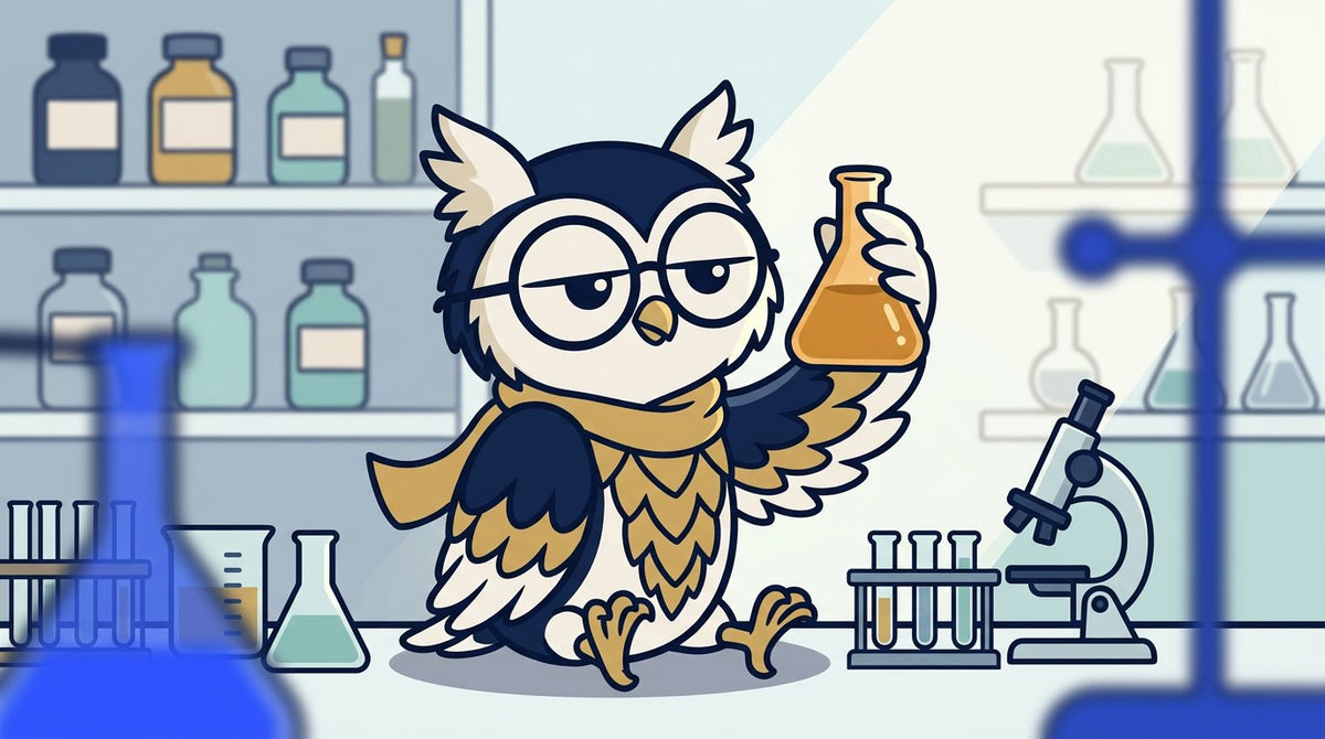 Fily el búho en un laboratorio sencillo con matraces y un frasco etiquetado HHC, para explicar qué es el HHC