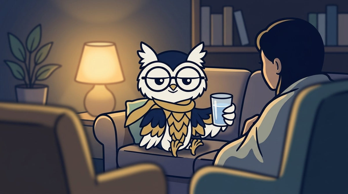 Fily el búho sentado junto a una persona con cobija y un vaso de agua, ilustrando qué hacer si un comestible te pegó muy fuerte