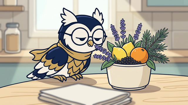 Fily, el búho de THCC, oliendo cítricos, lavanda y pimienta sobre una mesa, una escena para explicar qué son los terpenos