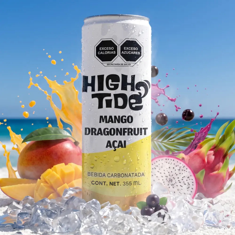 Bebida High Tide Social Tonic sabor mango, pitaya y açaí, lata de 355 ml.