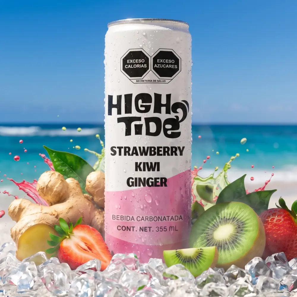 Bebida High Tide Social Tonic sabor fresa, kiwi y jengibre, lata de 355 ml.