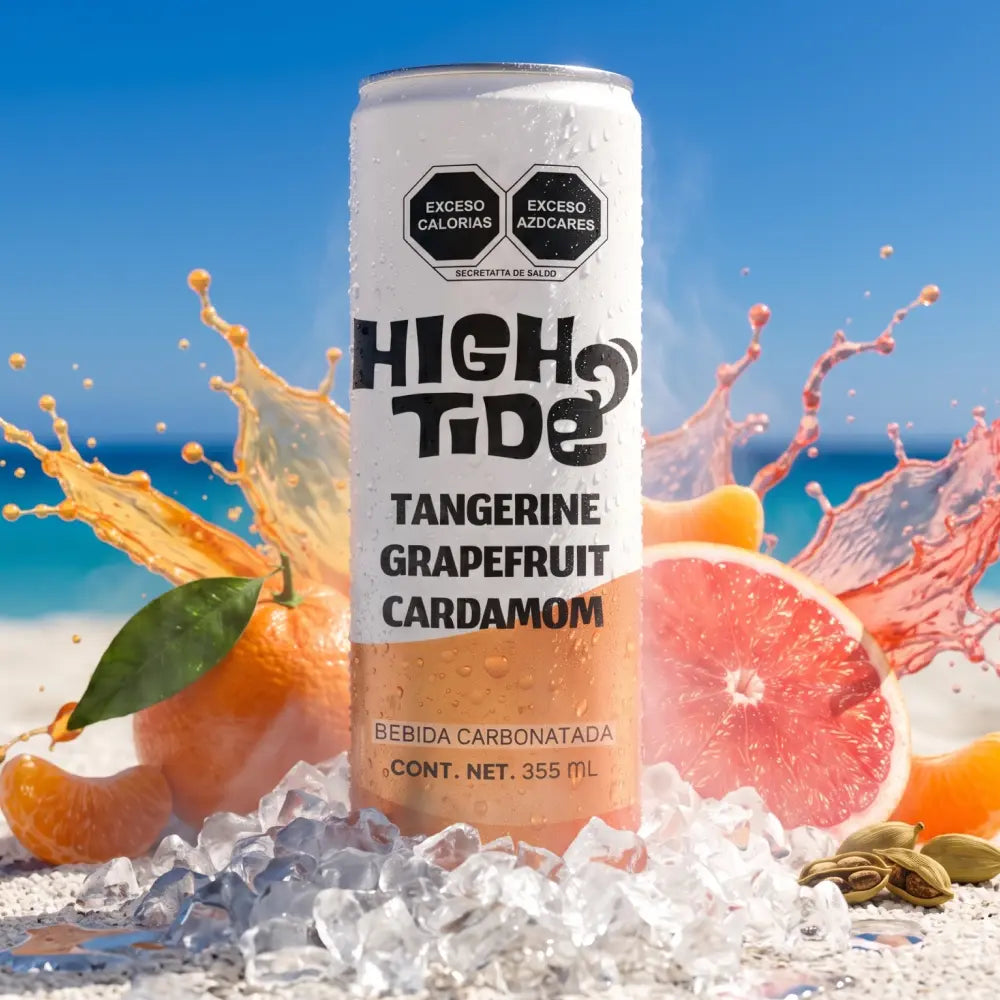Bebida High Tide Social Tonic sabor mandarina, pomelo y cardamomo, lata de 355 ml.