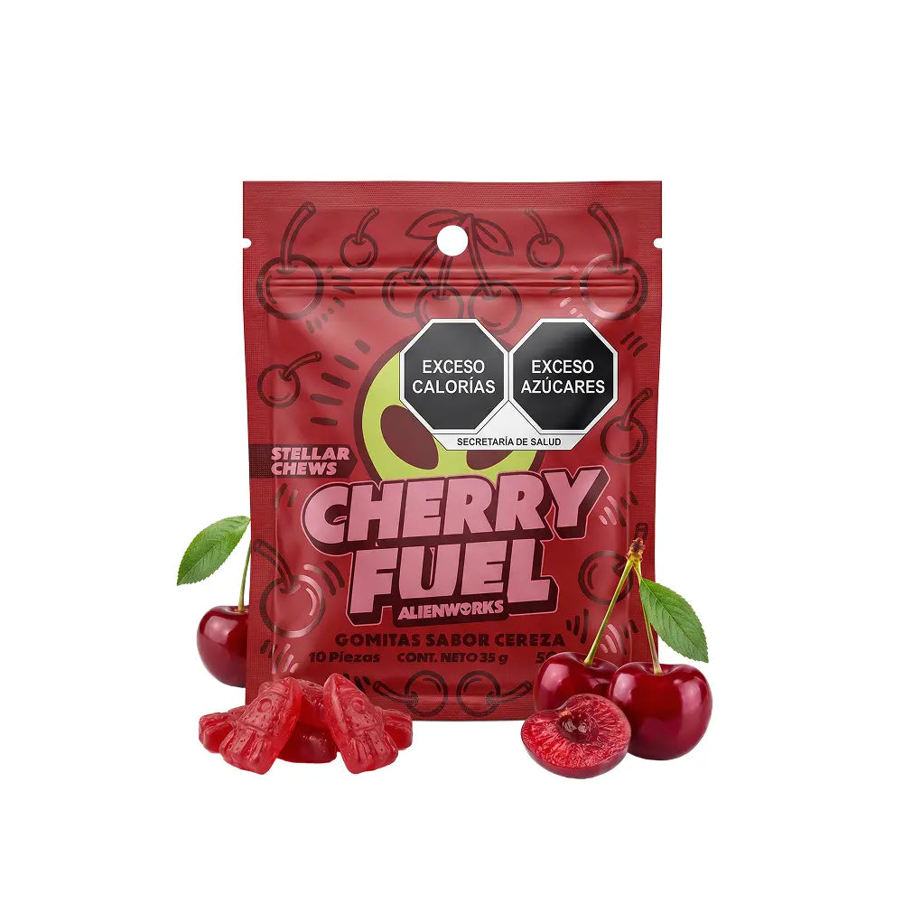 Gomitas Stellar Chews sabor Cherry Fuel, paquete de 10 piezas de 50 mg.
