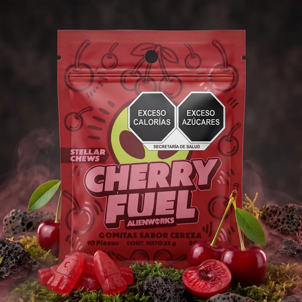Gomitas Stellar Chews sabor Cherry Fuel, paquete de 10 piezas de 50 mg.