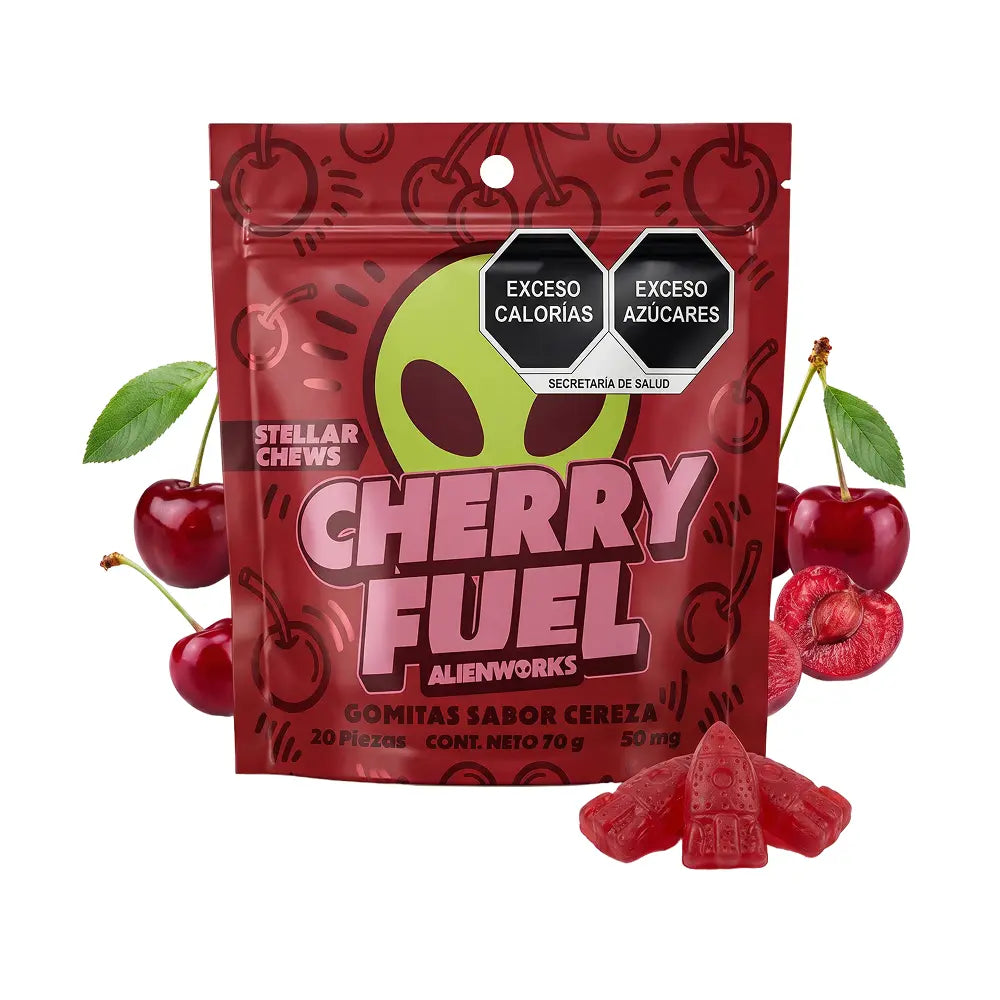 Gomitas Stellar Chews sabor Cherry Fuel, paquete de 20 piezas de 50 mg.