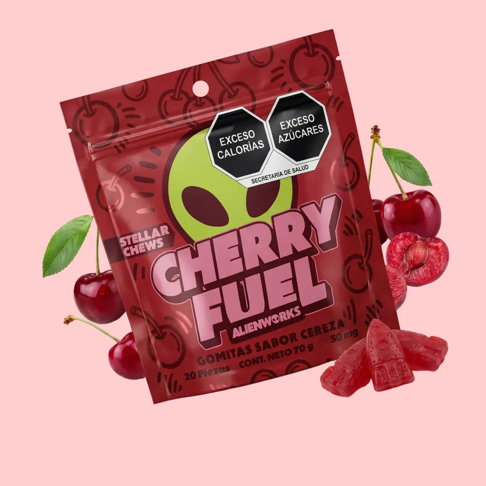 Gomitas Stellar Chews sabor Cherry Fuel, paquete de 20 piezas de 50 mg.