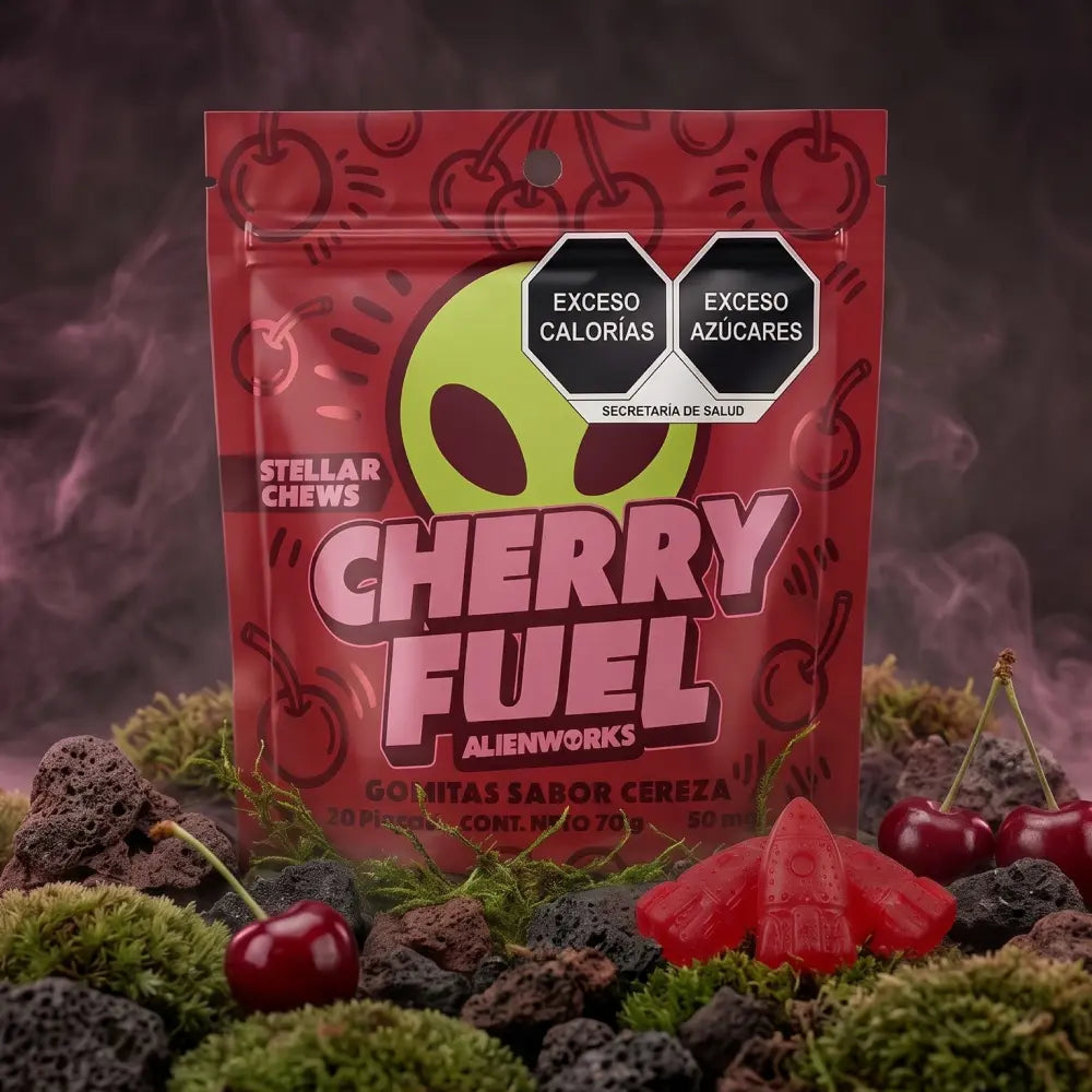 Gomitas Stellar Chews sabor Cherry Fuel, paquete de 20 piezas de 50 mg.