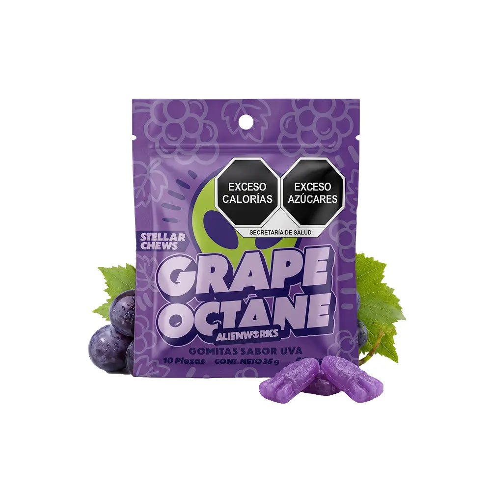 Gomitas Stellar Chews sabor Grape Octane, paquete de 10 piezas de 50 mg.
