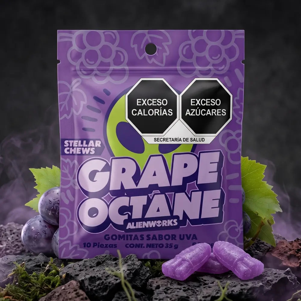 Gomitas Stellar Chews sabor Grape Octane, paquete de 10 piezas de 50 mg.