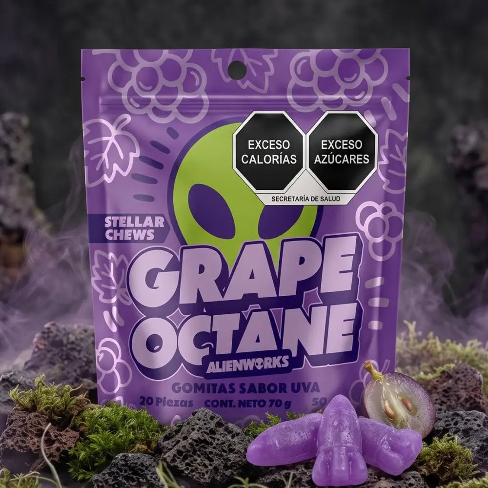 Gomitas Stellar Chews sabor Grape Octane, paquete de 20 piezas de 50 mg.