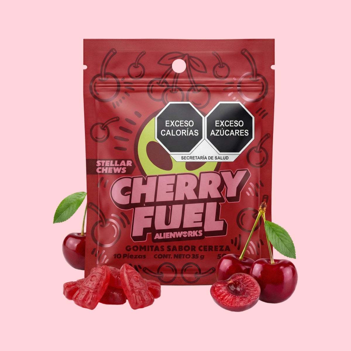 Stellar Chews Cherry Fuel, 10 piezas de 50 mg: empaque