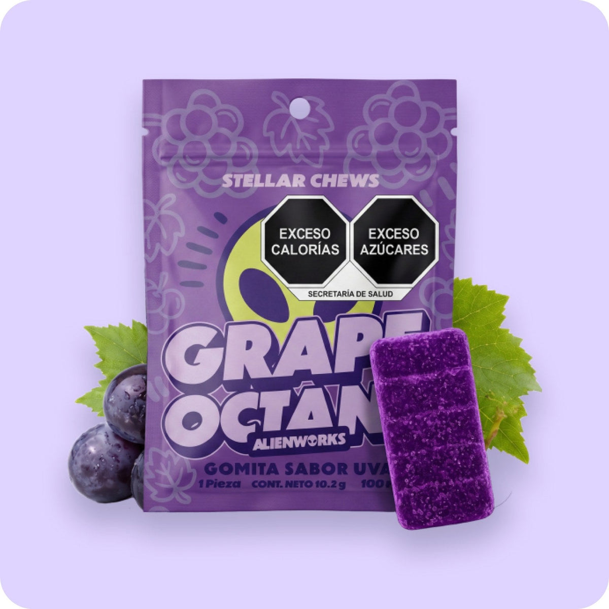 Stellar Chews Grape Octane, 1 pieza de 100 mg: empaque