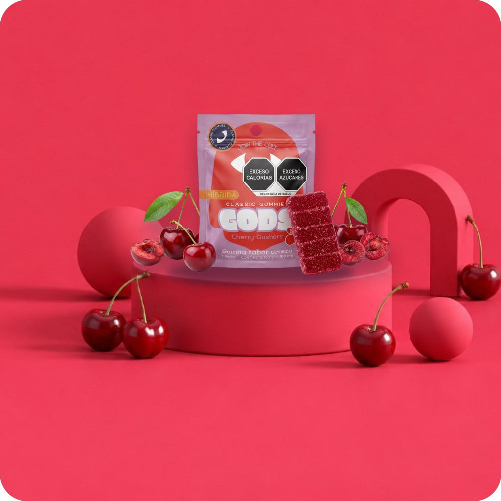Classic Gummies Cherry Gushers, 1 pieza de 100 mg: en escena