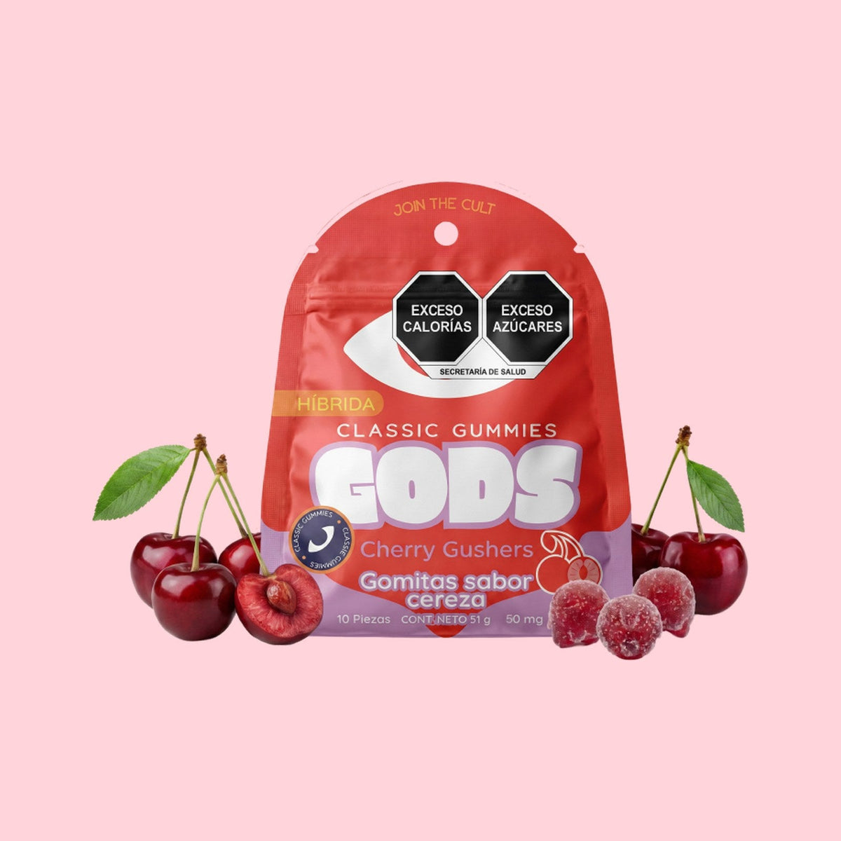 Classic Gummies Cherry Gushers, 10 piezas de 50 mg: empaque